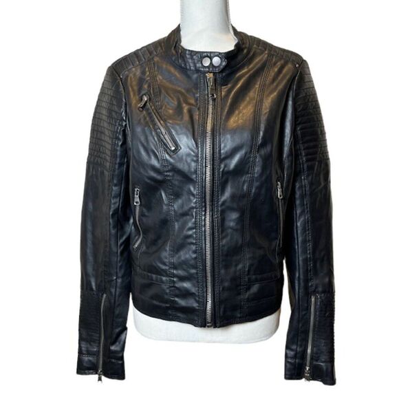 Ci Sono by Cavalini Biker Jacket Black Faux Leather Quilted Zippers Size Large - Picture 1 of 14
